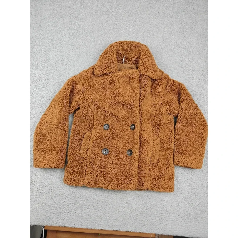 Free People Coat Womens XS Brown Sherpa Fleece Teddy‎ Pea Double Breasted Lined